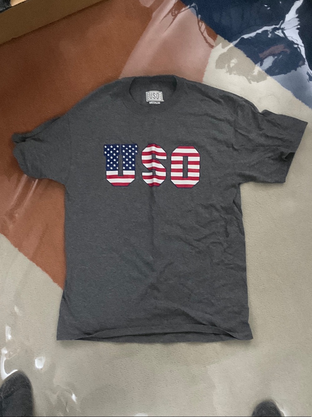 USO Gray Short-Sleeve Tee with American Flag USO Graphic